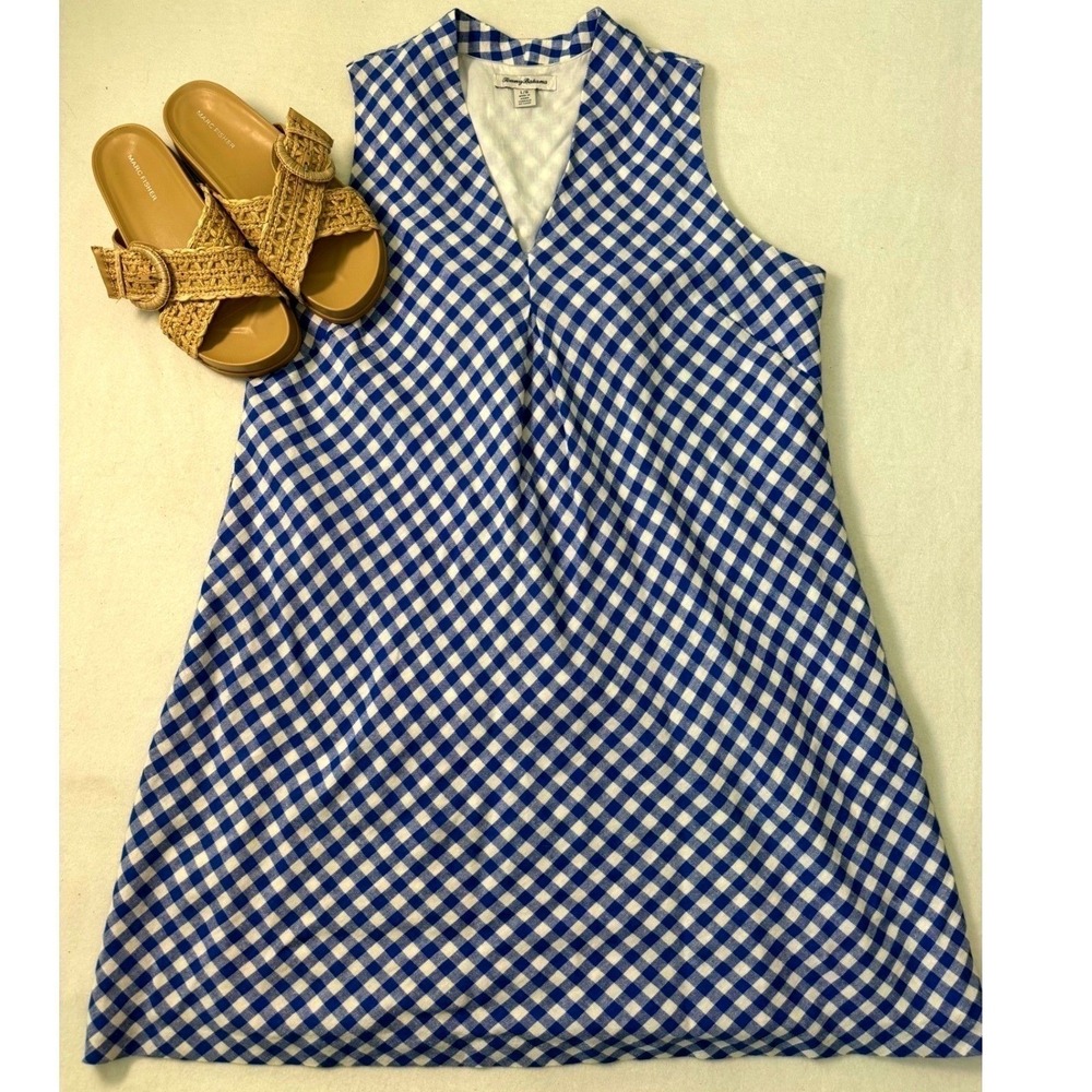 Tommy Bahama Blue and White Gingham V-Neck Mini Dress